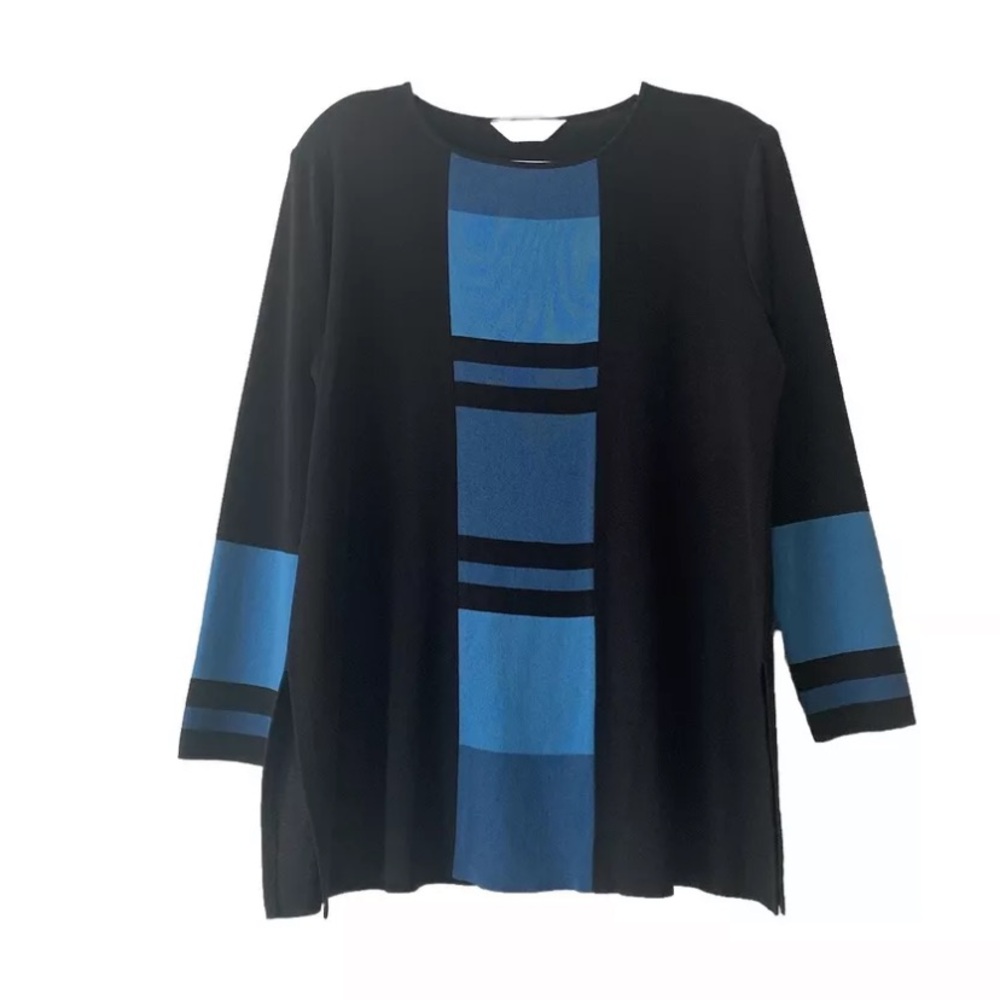 Misook Knit Color Block Sweater Size L Navy Blue Black Quiet Luxury Old Money